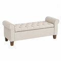 Banc coffre capitonné 120 cm x 45 cm x 58 cm en polyester crème et bois d’hévéa naturel avec rangement intégré