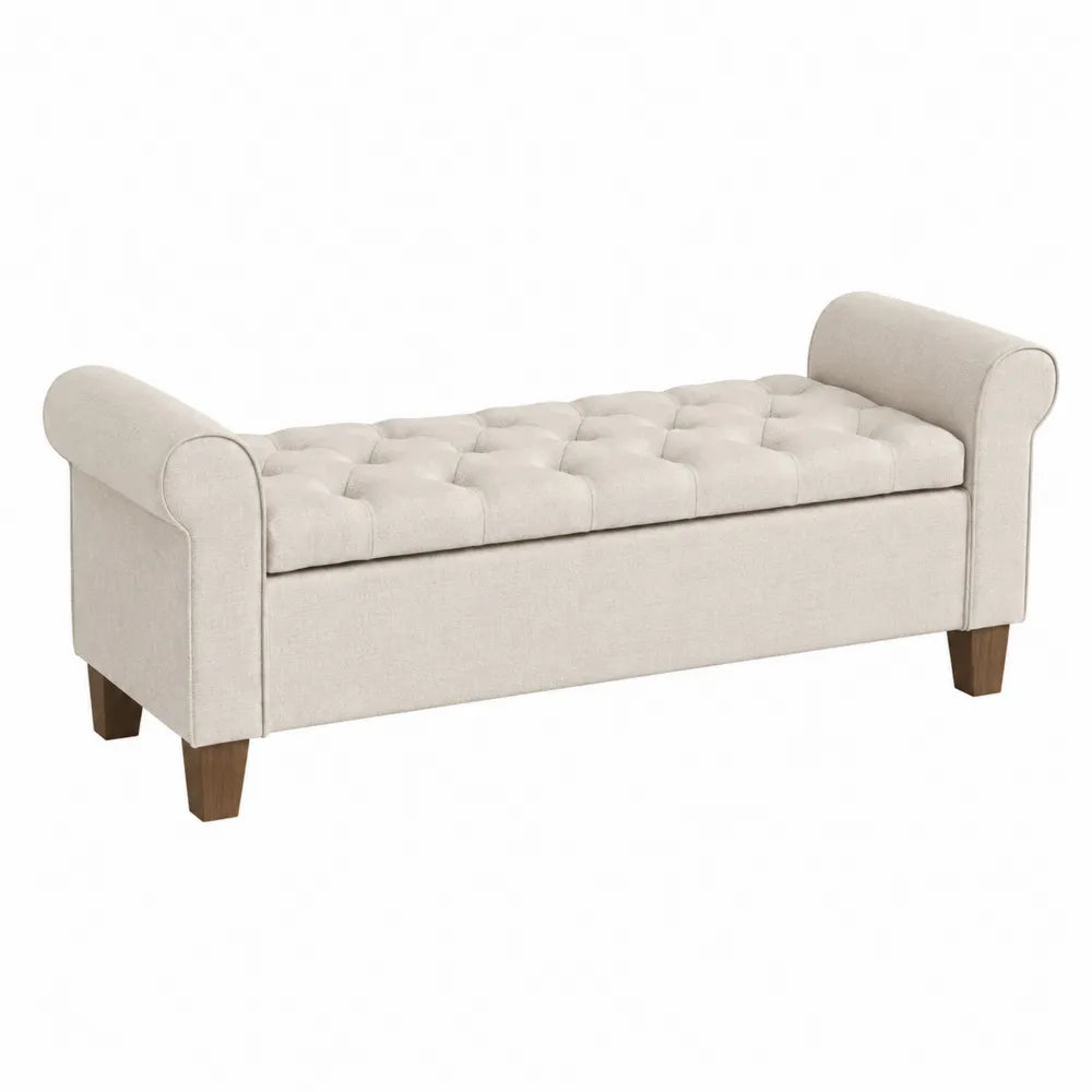 Banc coffre capitonné 120 cm x 45 cm x 58 cm en polyester crème et bois d’hévéa naturel avec rangement intégré
