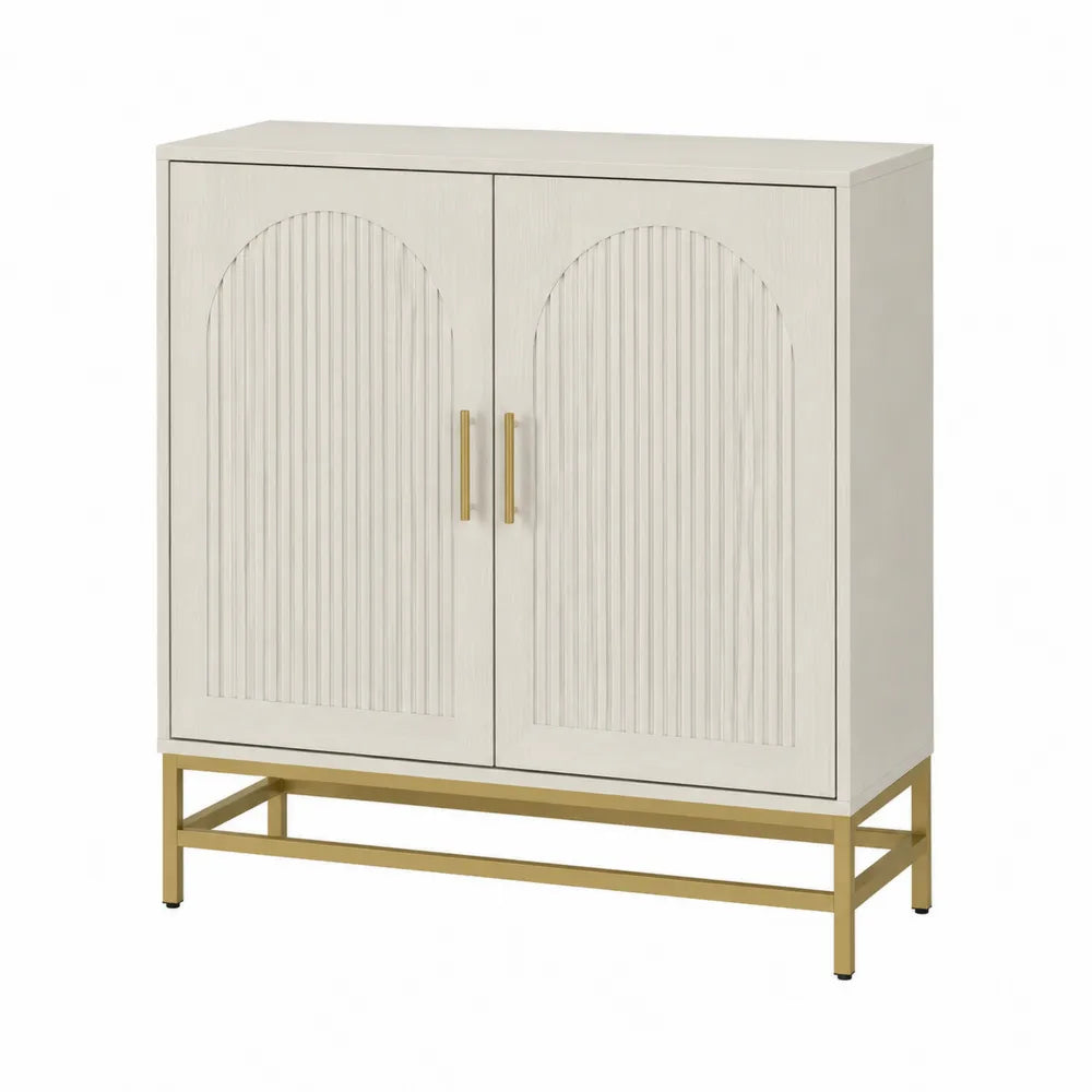 Armoire de rangement 100 cm x 40 cm x 90 cm MDF blanc cassé portes rainurées cadre acier doré 2 portes