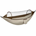 Hamac de jardin avec moustiquaire en nylon 210T beige et marron avec arceaux et suspension
