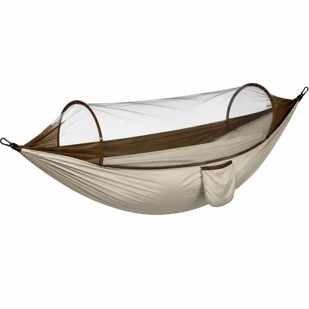 Hamac de jardin avec moustiquaire en nylon 210T beige et marron avec arceaux et suspension