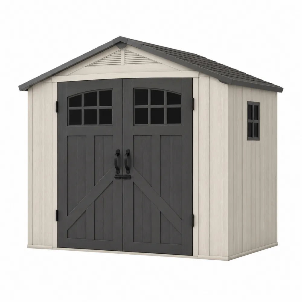 Abri de jardin rectangulaire 214 x 130 x 186 cm en polypropylène beige et gris anthracite double porte