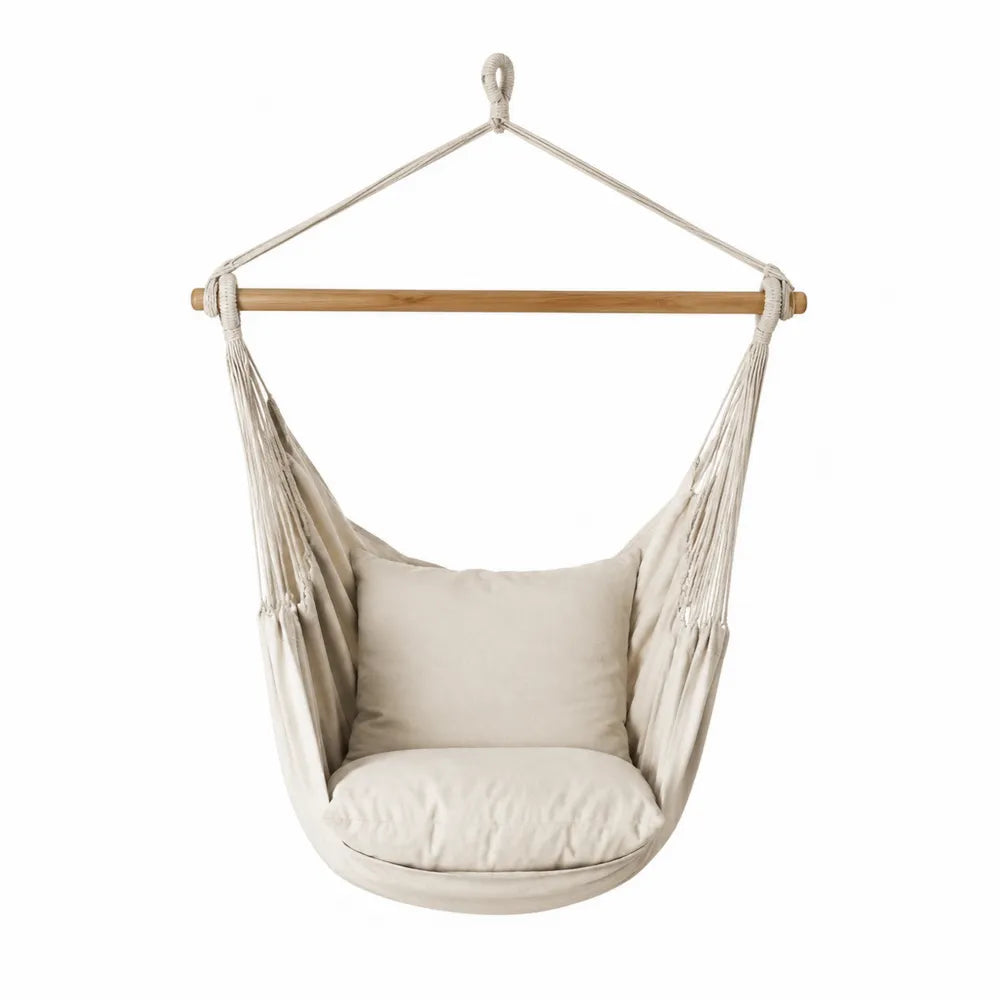 Fauteuil hamac suspendu en coton avec coussins et barre en bambou écru et naturel 100 x 75 x 130 cm