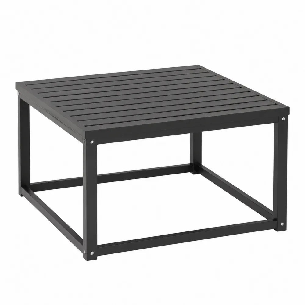 Table basse d extérieur carrée en acier thermolaqué noir plateau à lattes 80 x 80 x 40 cm