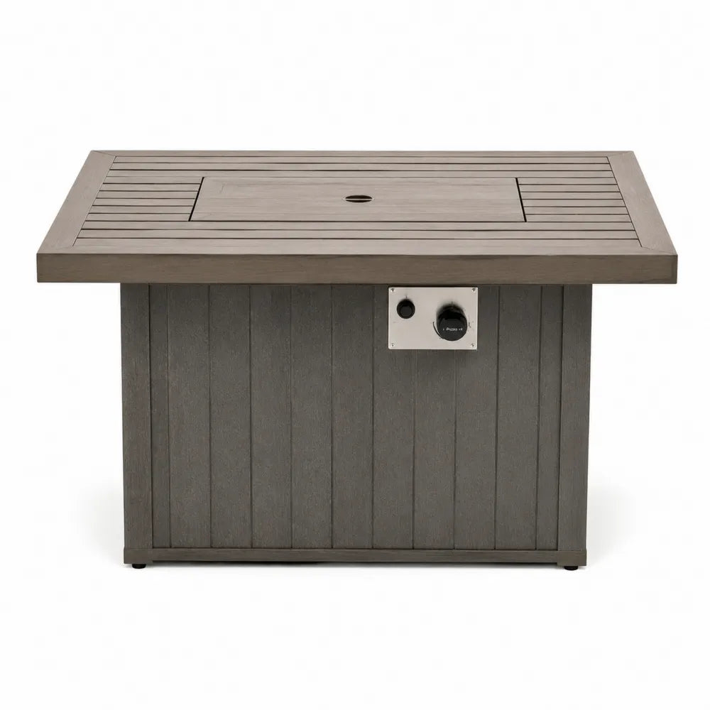 Table brasero de jardin rectangulaire au gaz propane en composite bois plastique gris anthracite plateau effet bois 107 x 71 x 63 cm