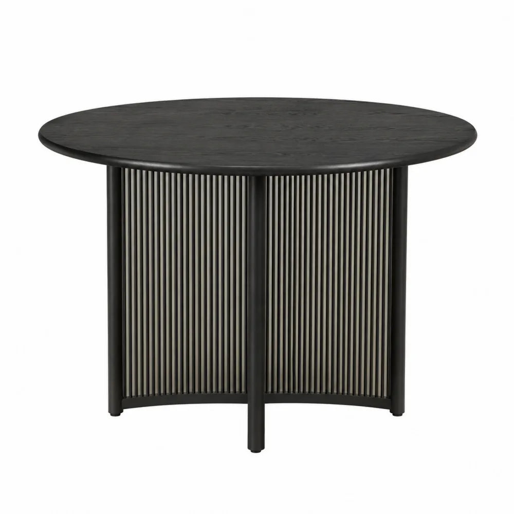 Table d extérieur ronde en acacia massif noir piètement central à lattes en acier noir 120 x 120 x 76 cm