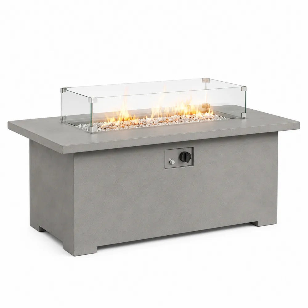 Table brasero d extérieur rectangulaire en béton composite gris ciment foyer à gaz avec pare-vent en verre 120 x 65 x 62 cm