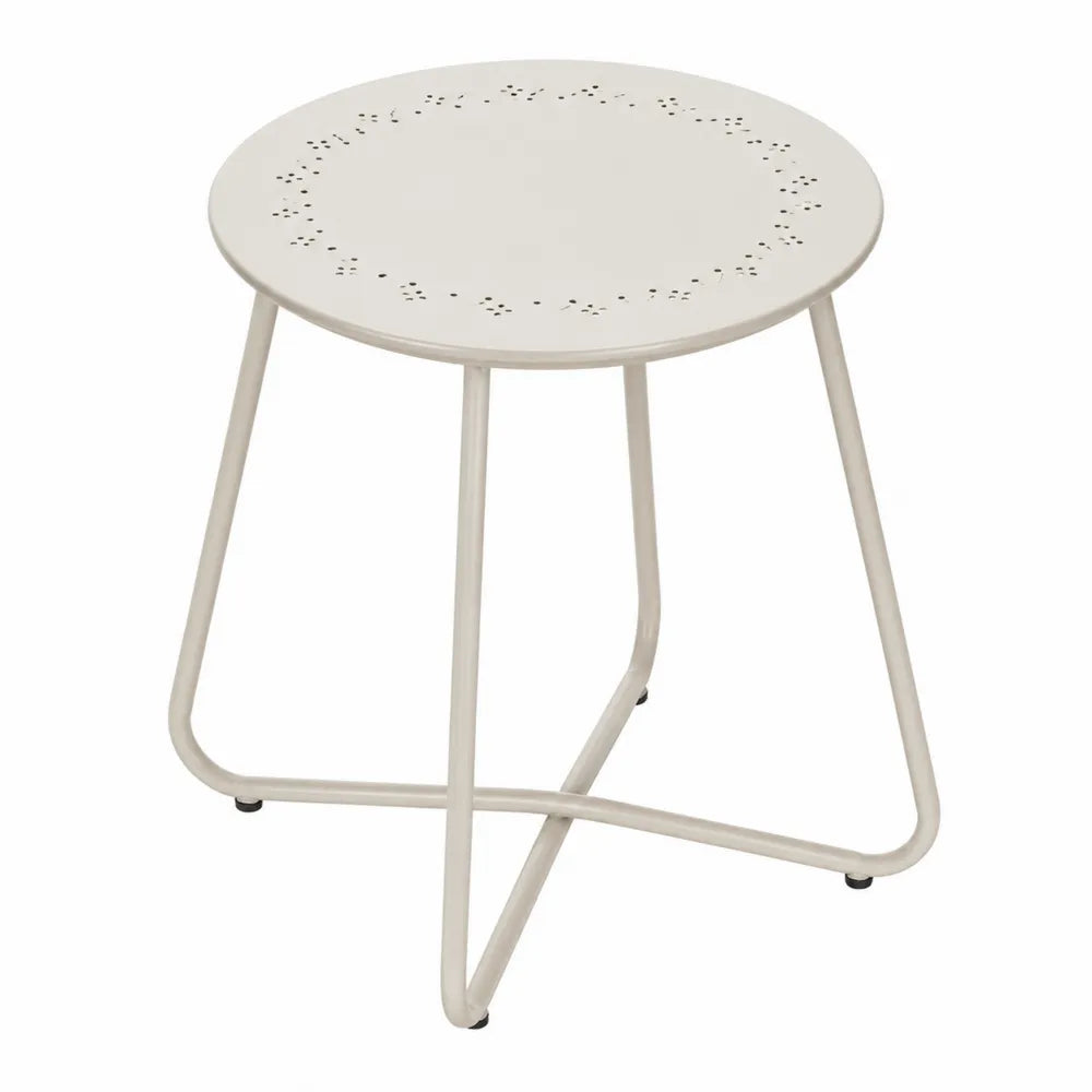 Table d'appoint d'extérieur ronde en acier thermolaqué blanc cassé plateau ajouré 50 cm x 50 cm x 50 cm