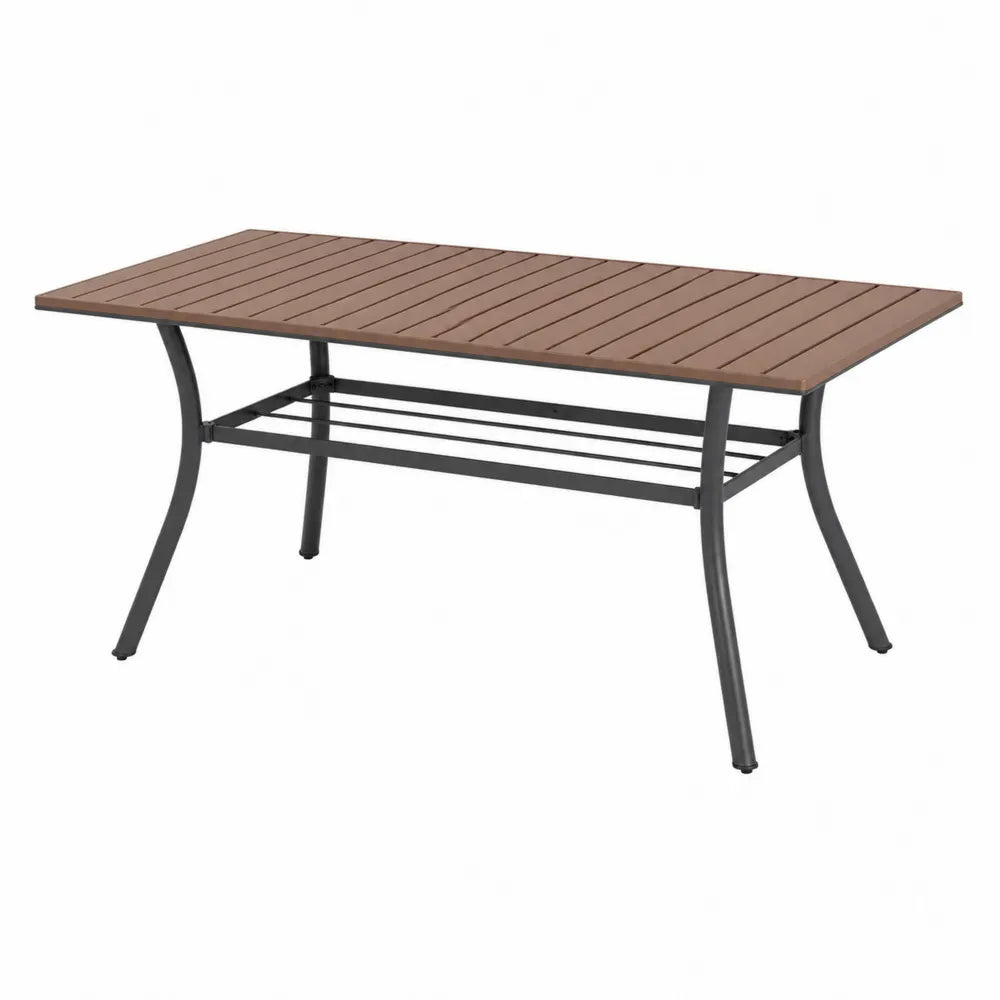 Table de jardin rectangulaire en polyéthylène haute densité effet teck avec pieds en acier noir 150 cm x 90 cm x 74 cm plateau à lattes