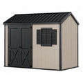 Abri de rangement extérieur rectangulaire en polypropylène forme cabane double porte fenêtre toit à deux pentes beige noir 259 x 182 x 227 cm