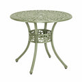 Table d’extérieur ronde en aluminium moulé vert sauge avec trou pour parasol diamètre 90 cm hauteur 74 cm