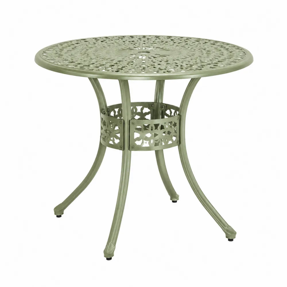 Table d’extérieur ronde en aluminium moulé vert sauge avec trou pour parasol diamètre 90 cm hauteur 74 cm