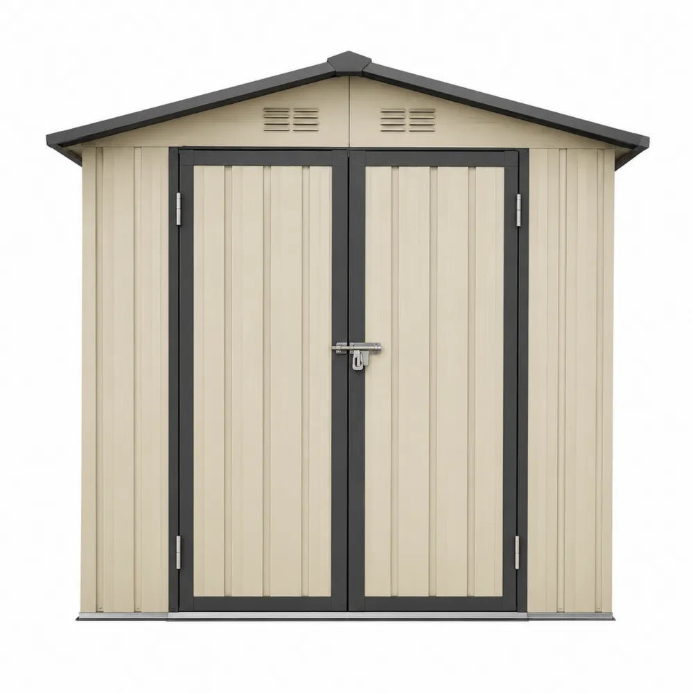 Abri de jardin métallique rectangulaire à double porte 213 x 191 x 198 cm acier galvanisé revêtement polyester toit incliné beige gris anthracite