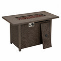 Table brasero d'extérieur rectangulaire au gaz propane résine tressée PE brun plateau effet bois 110 cm x 60 cm x 63 cm