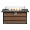 Table brasero d’extérieur à gaz rectangulaire en acier noir et WPC brun avec pare-vent en verre 120 x 60 x 62 cm