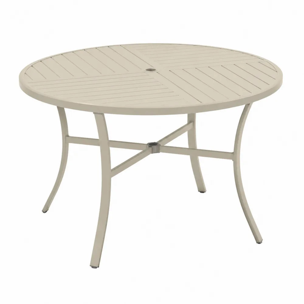 Table de jardin ronde en aluminium beige clair 120 x 120 x 72 cm plateau rainuré avec trou parasol