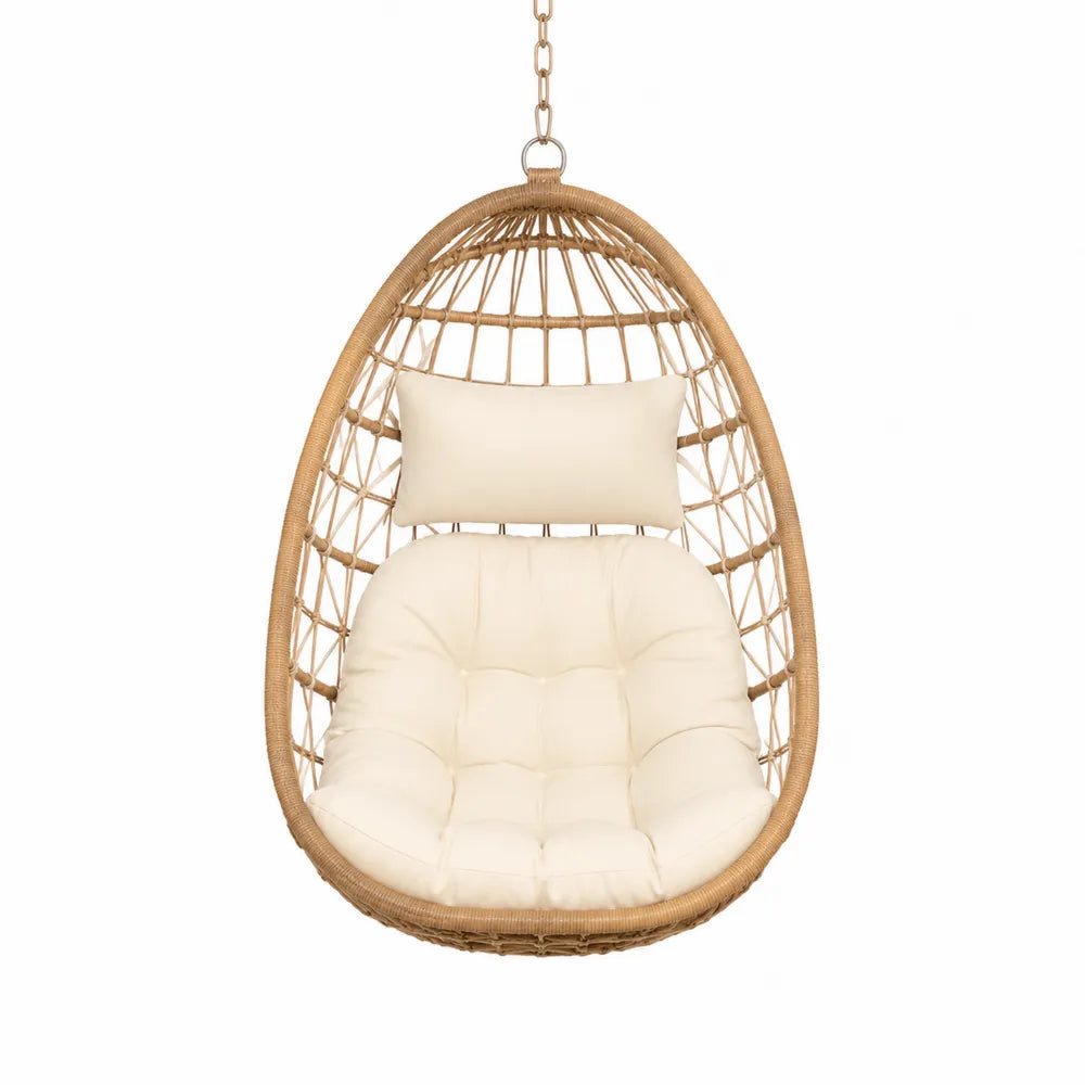Fauteuil suspendu œuf en résine tressée imitation rotin avec coussin polyester beige