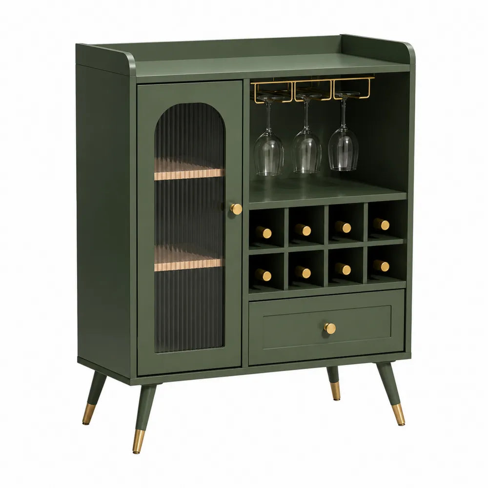 Meuble bar à vin en MDF vert foncé avec porte vitrée et casier à bouteilles 90 x 40 x 120 cm