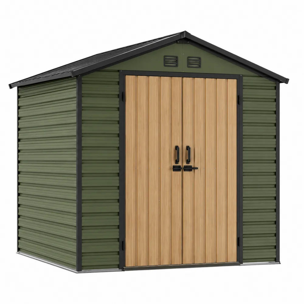 Abri de jardin extérieur en acier galvanisé rectangulaire double porte 213 x 191 x 198 cm vert olive aspect bois gris anthracite noir