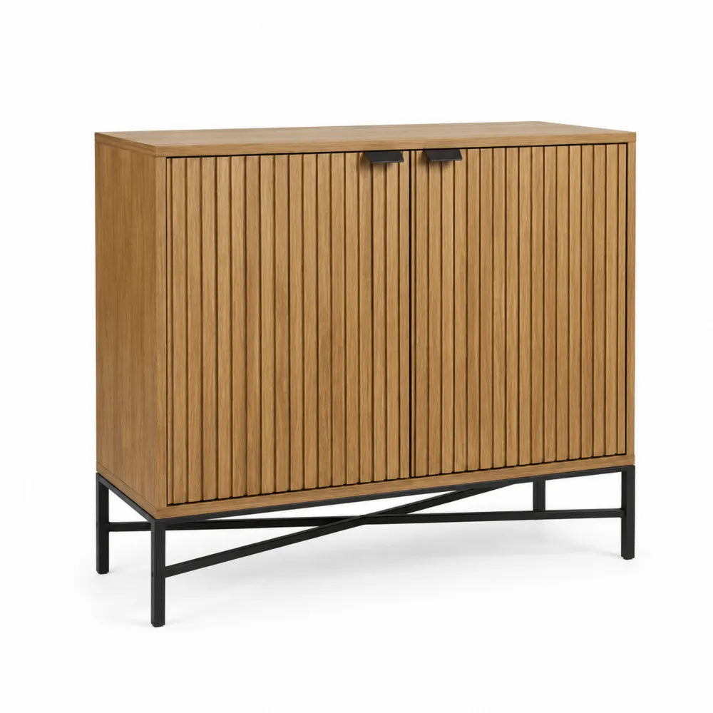 Meuble de rangement 2 portes 110 cm x 40 cm x 90 cm bois effet chêne lattes verticales piètement métal noir