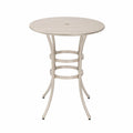Table haute d'extérieur ronde en aluminium thermolaqué beige avec trou pour parasol 80 cm x 80 cm x 105 cm plateau à lattes