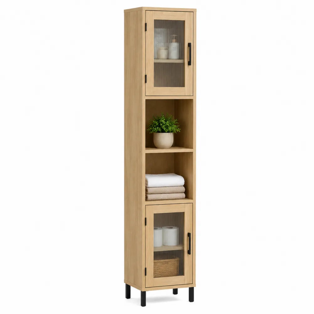 Colonne de rangement étroite en MDF décor chêne naturel 40 x 35 x 180 cm 2 portes verre strié acier noir
