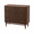 Commode de rangement 3 tiroirs 100 cm x 40 cm x 85 cm bois effet noyer rainuré poignées rondes dorées