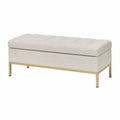 Banc coffre rectangulaire 120 x 40 x 46 cm en tissu bouclé blanc cassé avec structure MDF et pieds en acier doré
