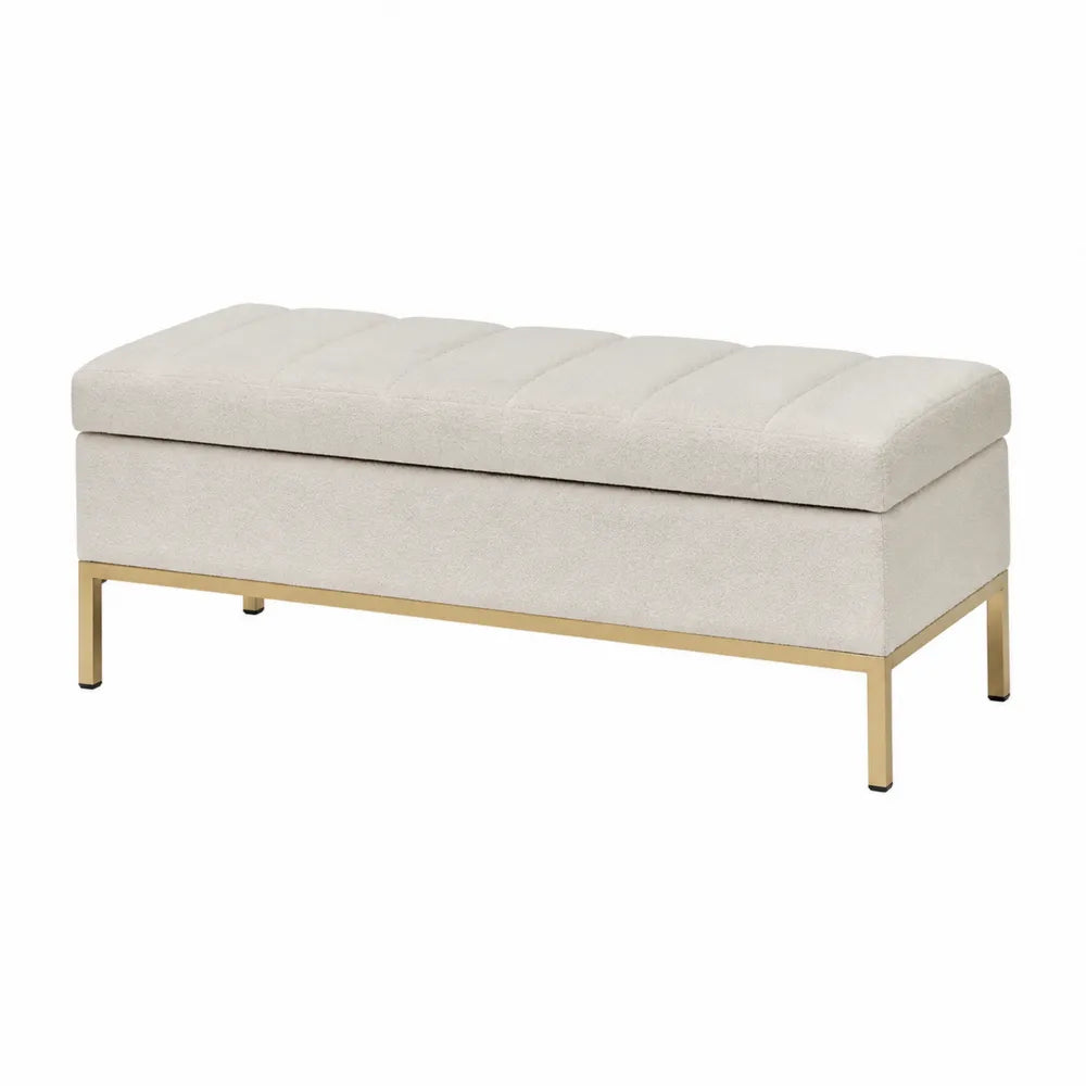 Banc coffre rectangulaire 120 x 40 x 46 cm en tissu bouclé blanc cassé avec structure MDF et pieds en acier doré