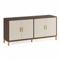 Buffet bas rectangulaire 4 portes MDF décor noyer blanc crème panneaux rainurés acier doré 160 x 40 x 76 cm