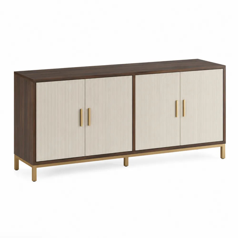 Buffet bas rectangulaire 4 portes MDF décor noyer blanc crème panneaux rainurés acier doré 160 x 40 x 76 cm
