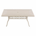 Table de jardin rectangulaire en aluminium thermolaqué beige clair plateau à lattes avec trou pour parasol 150 cm x 90 cm x 72 cm