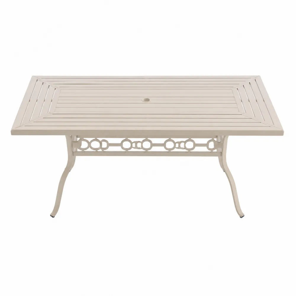 Table de jardin rectangulaire en aluminium thermolaqué beige clair plateau à lattes avec trou pour parasol 150 cm x 90 cm x 72 cm