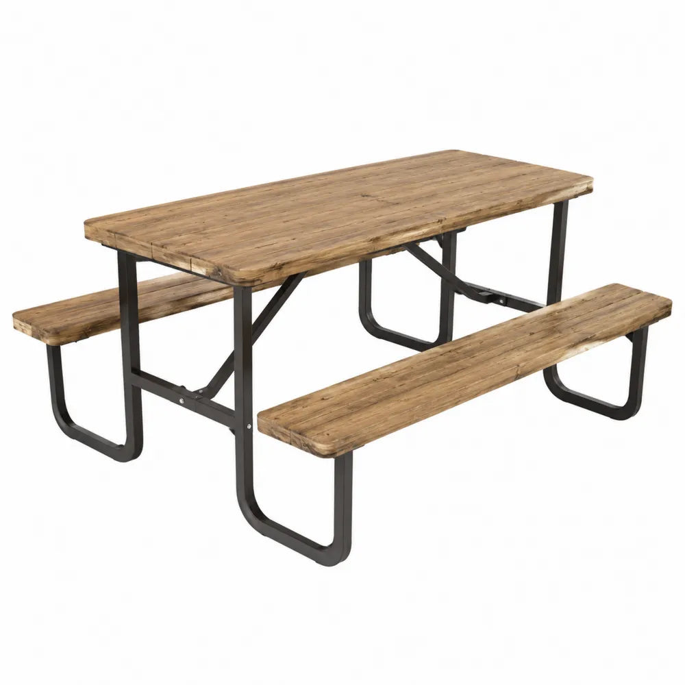 Ensemble table de pique-nique d’extérieur en bois de pin massif et acier noir 180 x 150 x 75 cm marron et noir